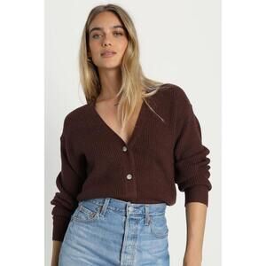 Lulus Toasty Babe Chocolate Brown Knit Button-up Cropped Cardigan - Size M